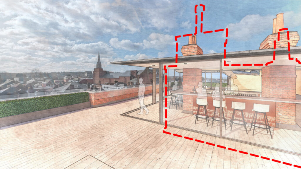 AFTER: An artist's impression of how the new roof top bar will look with the old buildings outlined in red